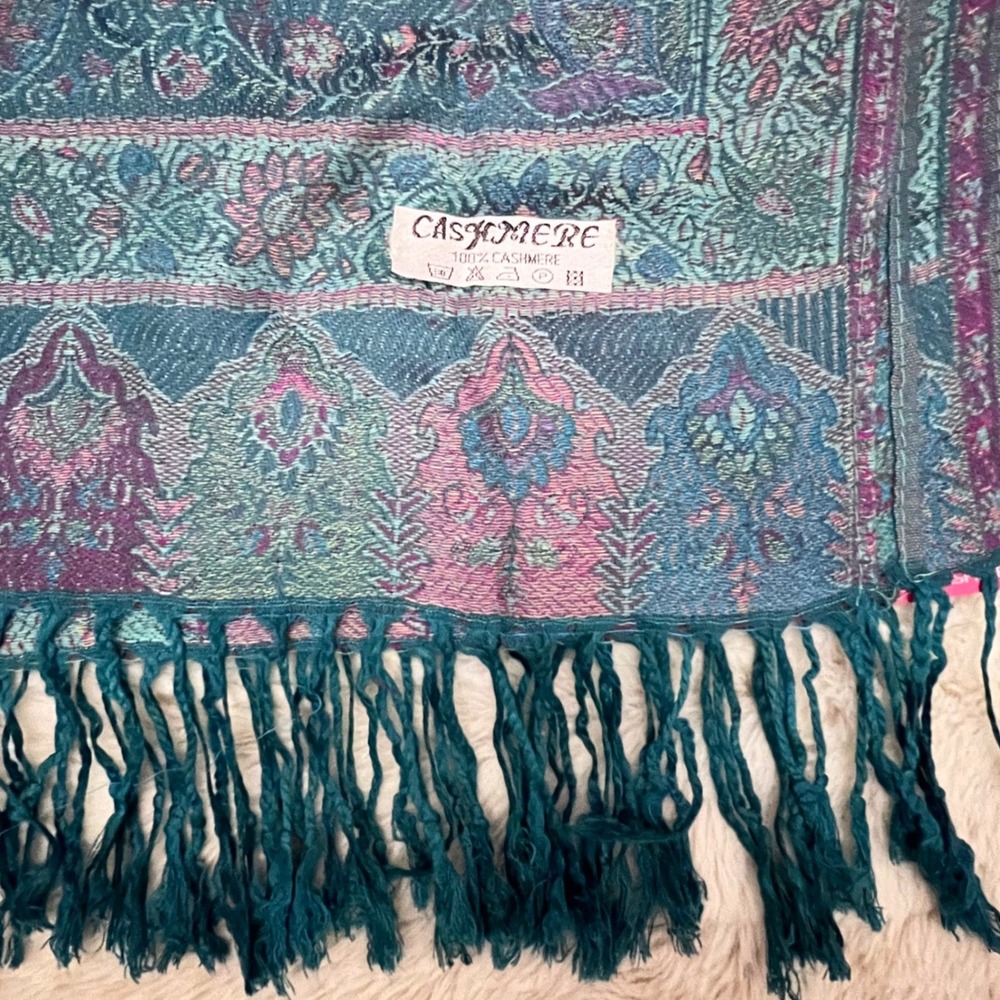 Women's Luxurious 100% Cashmere Paisley Shawl Scarf Teal Purple Fringe Bohemian - Picture 2 of 8